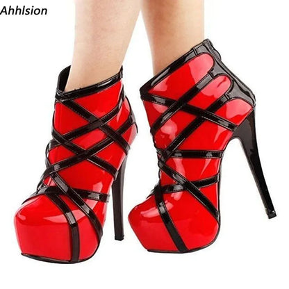 Ahhlsion Handmade Women Winter Ankle Boots Hidden Platform Stiletto Heels Round Toe Pretty Red Party Shoes US Plus Size 5-20