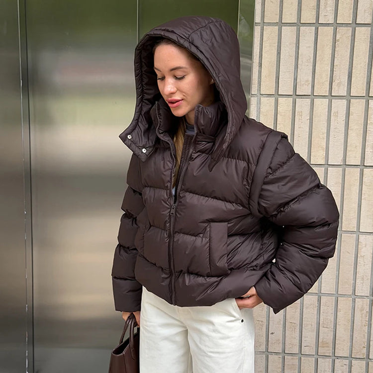 Detachable Sleeve Hooded Quilted Jackets 2026 Winter Ladies Solid 2-in-1 Zippers Waistcoat Cotton Coats Women's Warm Outwear