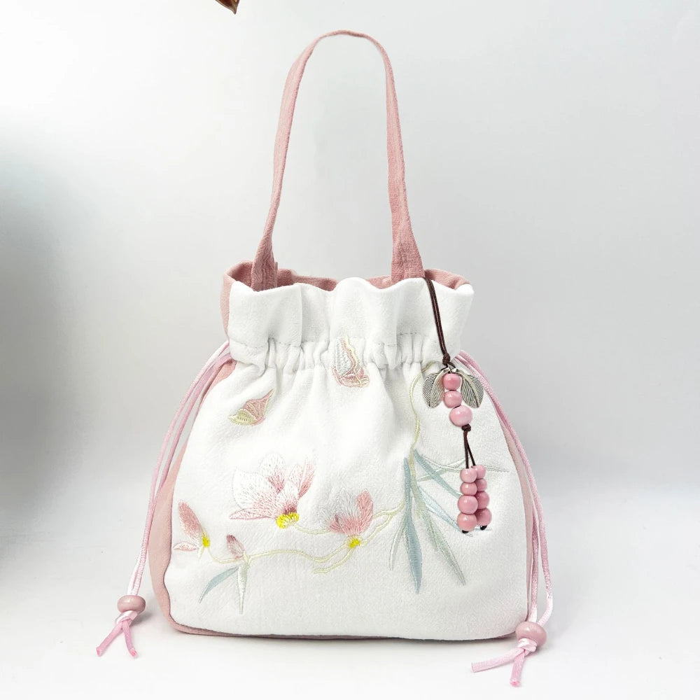 Chinese Style Retro Flower Embroidery Crossbody Top-handle Bags Women Shoulder Lace Drawstring Bucket Bag Coin Purses Handbags