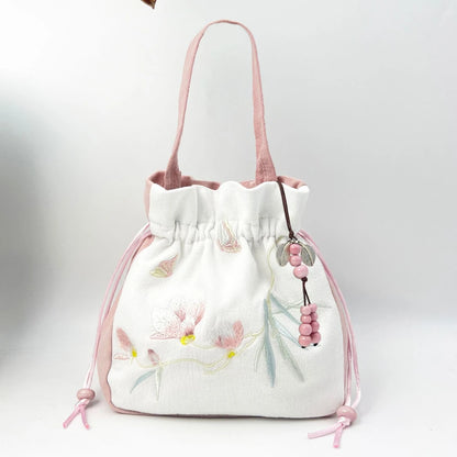 Chinese Style Retro Flower Embroidery Crossbody Top-handle Bags Women Shoulder Lace Drawstring Bucket Bag Coin Purses Handbags