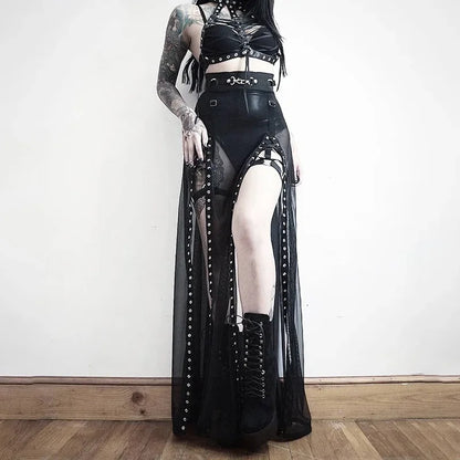 Goth Mesh Perspective Side Slit Skirt Lace Up Dark Punk Gothic Faldas Feminino Thin Summer Aesthetical