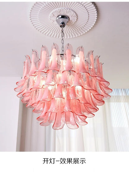 French Murano Petal Glass Chandelier Dining Table Living Room Antique Style Pink Petal Glass Pendant Chandelier Lights Bedroom