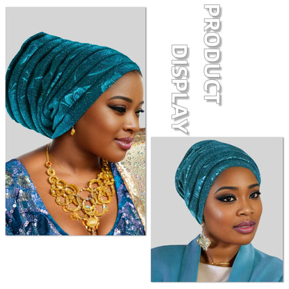 Glitter Full Body Pleated Turban Cap for Women 2025 Lady Head Wraps Muslim Headscarf Hat Turbante Mujer African Headpiece