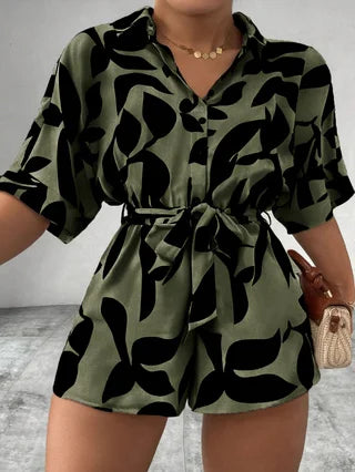 Plus-size Women's Casual Front Snap Shirt Collar Short Sleeve Printed Overalls with Bow Ties