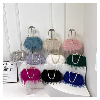 Beading Chain Women's Evening Plush Handbags Faux Fur Tassel Ladies Shoulder Bag Elegant Female Crossbody Bags Party Furry Purse