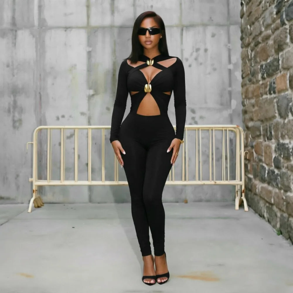 FLARORA Sexy Hollow Out Jumpsuits Woman Trend Metal Buckle Decoration Full Sleeve Skinny Peach Hip Party Club Street Overalls