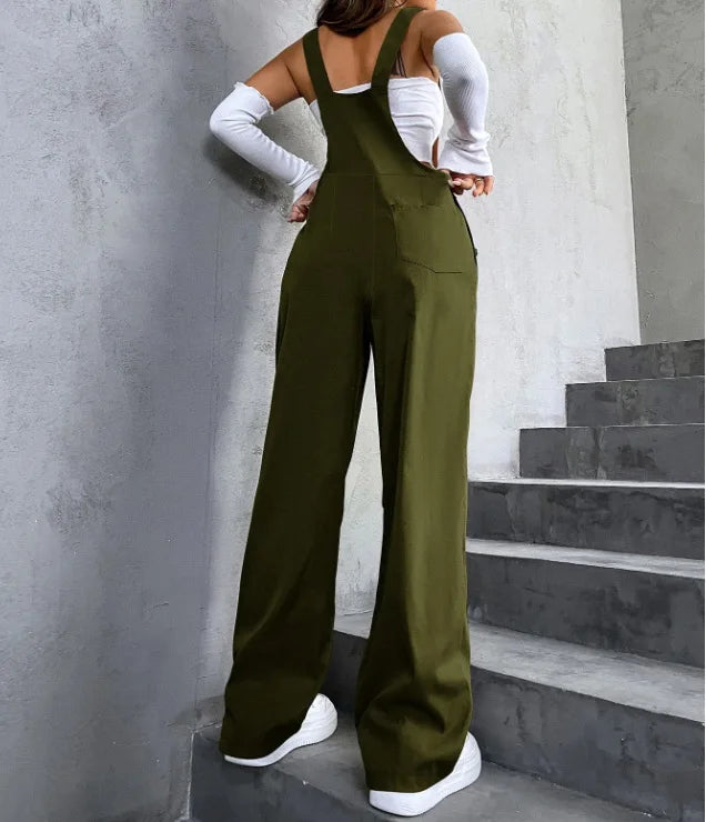 Women's Casual Bib Overalls Adjustable Shoulder Strap Pocket Wide Leg Jumpsuit Loose Straight Women Streetwear Suspender Pants