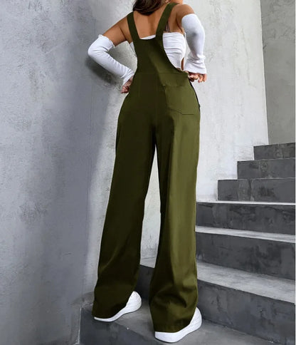 Women's Casual Bib Overalls Adjustable Shoulder Strap Pocket Wide Leg Jumpsuit Loose Straight Women Streetwear Suspender Pants