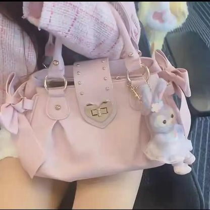 Harajuku Bow Pink Hand Bag Purse Women Japanese Style Soft Casual Crossbody Bag Ladies Sweet Cute Large Capacity Shoulder Bags