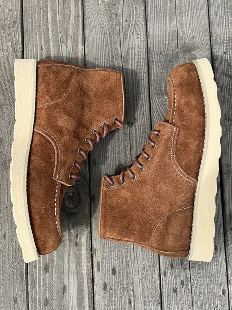 Retro Male Cow Suede Round Toe Hard Wearing Handmade Ankle Boots Leisure Genuine Leather Platform Solid Color Lace-Up Work Shoes