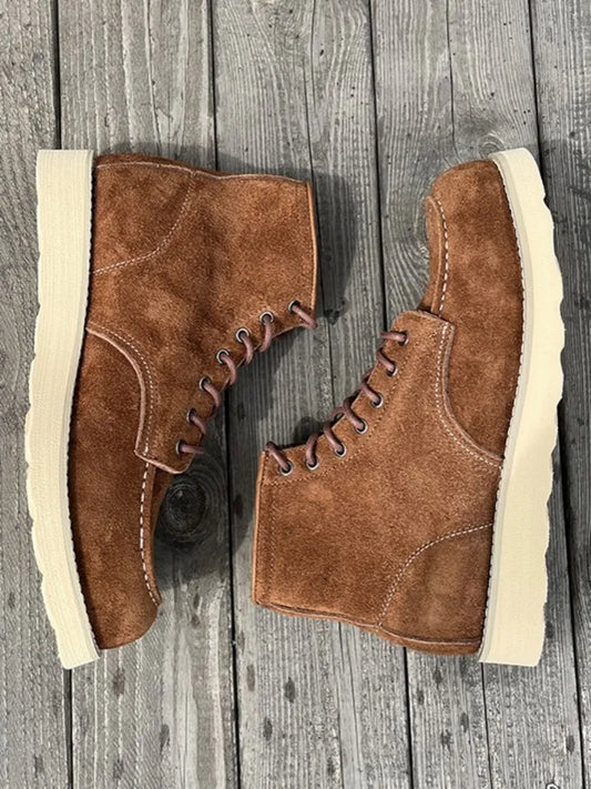 Retro Male Cow Suede Round Toe Hard Wearing Handmade Ankle Boots Leisure Genuine Leather Platform Solid Color Lace-Up Work Shoes