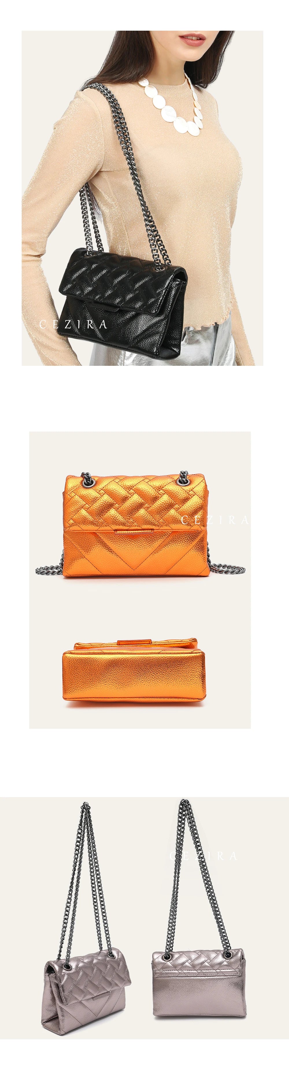Women Fashion Metallic PU Vegan Leather Handbag Luxury Quilted Flap Messenger Shoulder Bag Long Chain Purse Daily Casual Travel