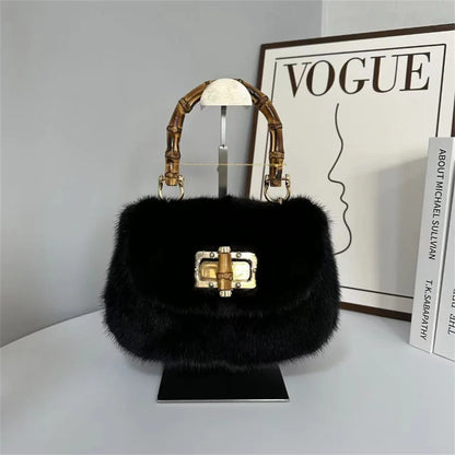 Fur Women's Mink Fur Bag Luxury Warm Plush Wrist Bags  Women Fashion Furry Short Handle Clutch Cute Ladies Fur Bags For Women