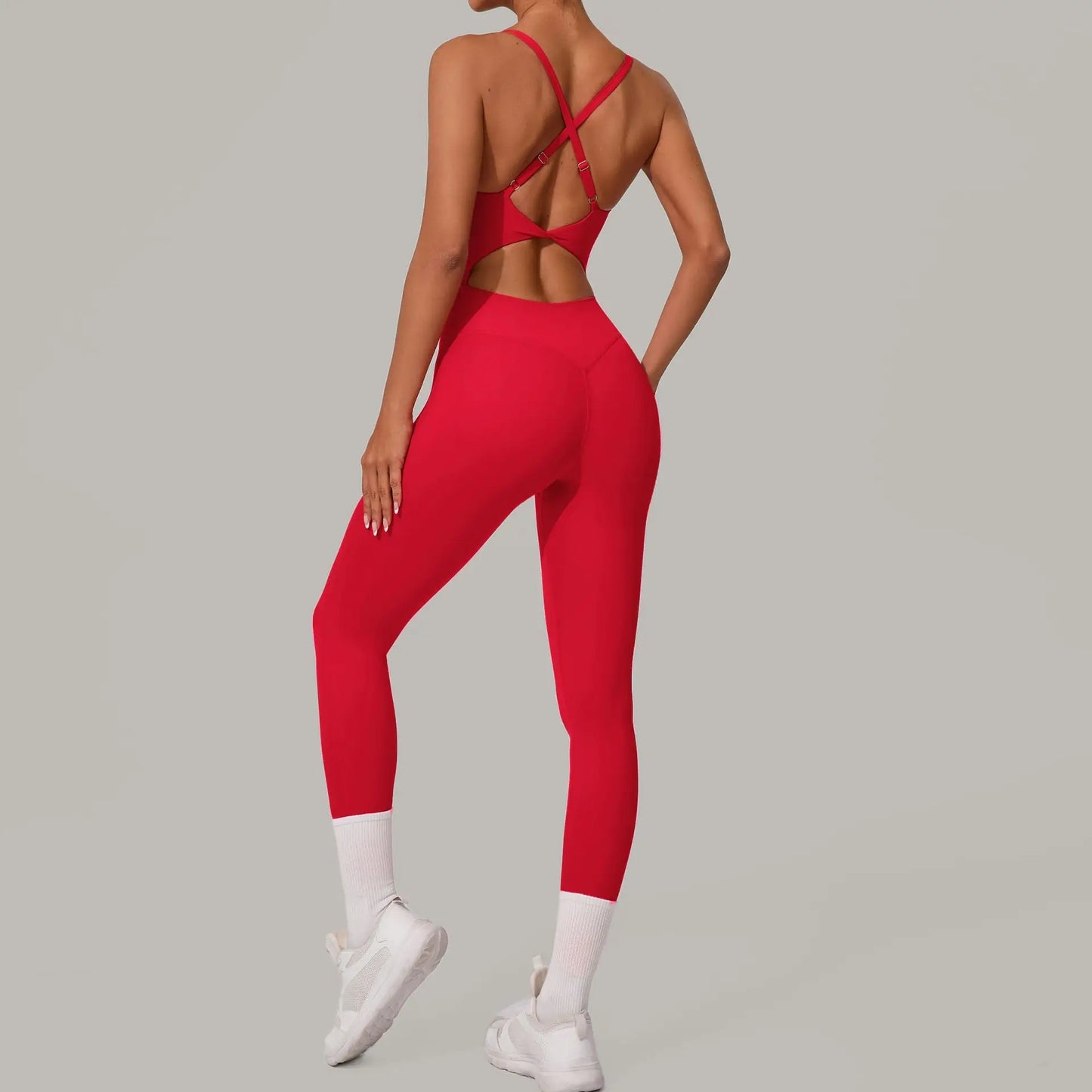 New Nylon Pad V-Neck Wrap Yoga Bodysuit - Adjustable Hook Tummy Control Butt Lift Workout Jumpsuit