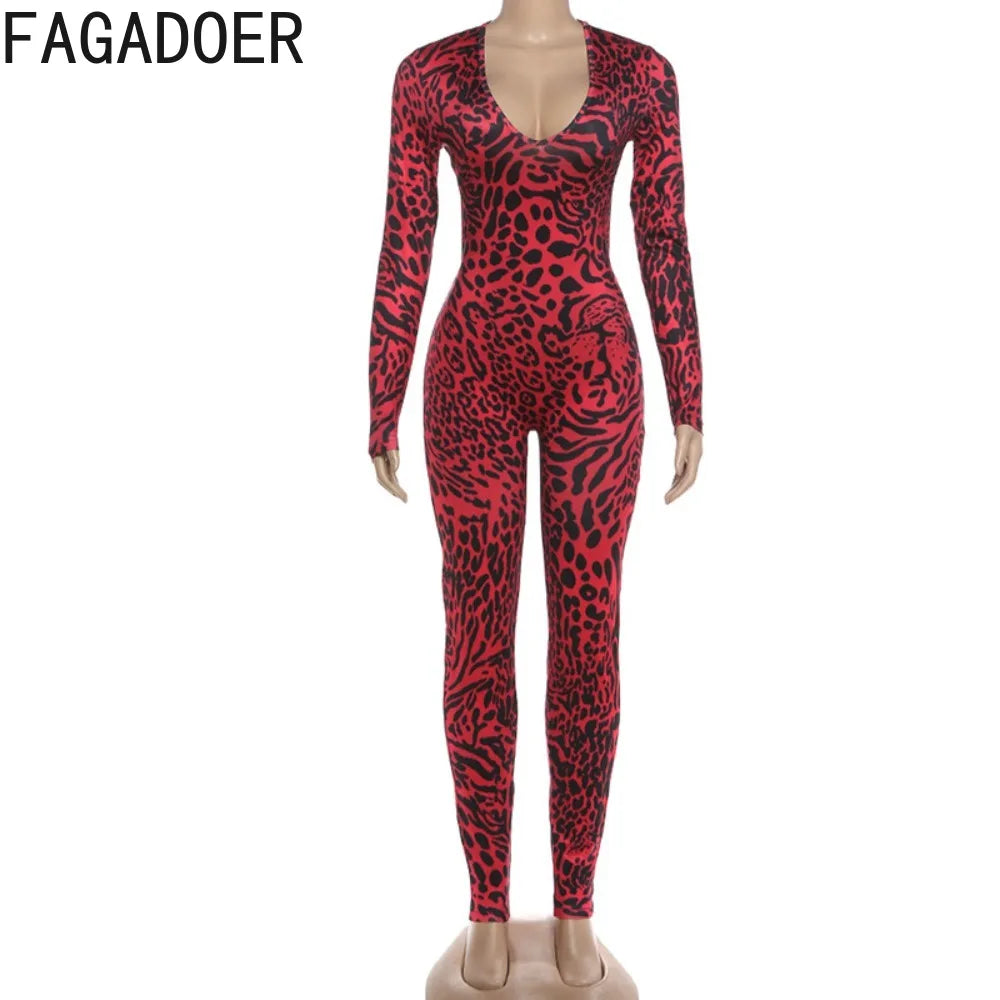 FAGADOER Fashion Leopard Printting Patchwork Bodycon Jumpsuits Woman Low-cut Long Sleeves Rompers Female Streetwear Overalls New