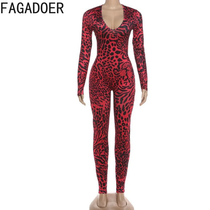 FAGADOER Fashion Leopard Printting Patchwork Bodycon Jumpsuits Woman Low-cut Long Sleeves Rompers Female Streetwear Overalls New