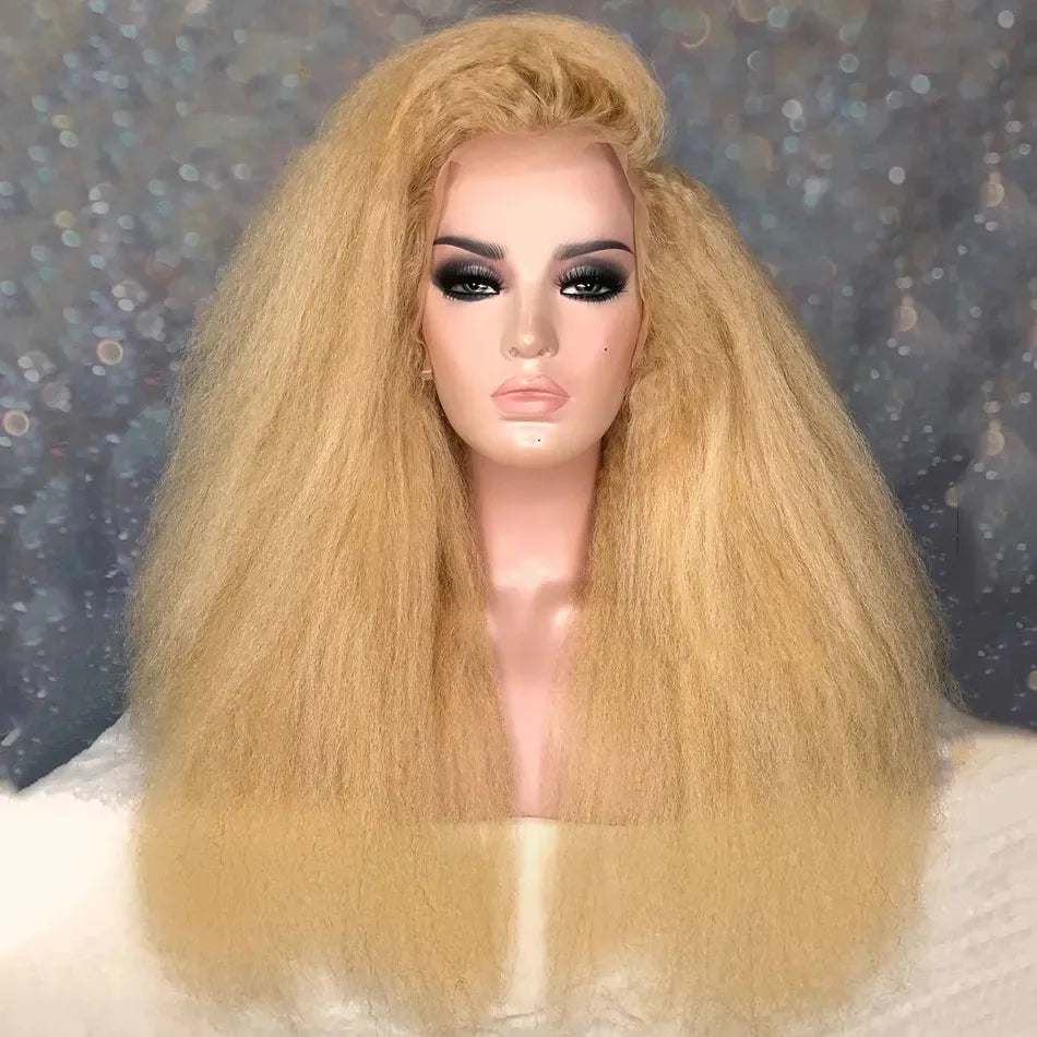 Transparent Lace 613 Blonde Kinky Yaki Straight Lace Front Wig For Women Glueless Pre Plucked Cosplay Daily Wear Fiber