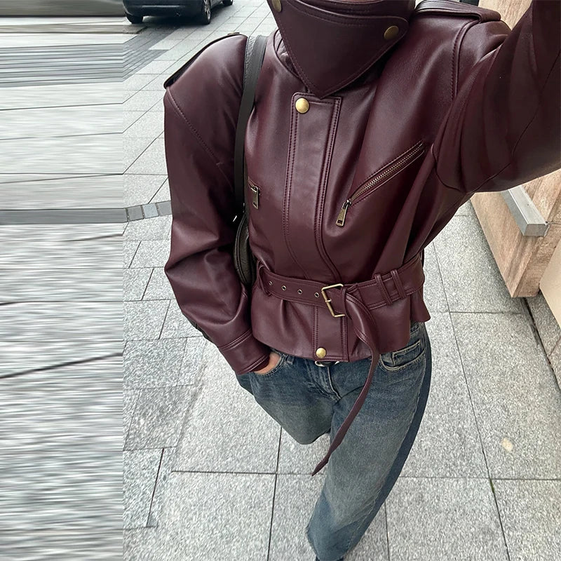 Vintage Women's Leather Jacket Stand Collar Pocket Short Coat Retro Waistband Zipper Outwears 2025 New Autumn Winter Lad Jackets