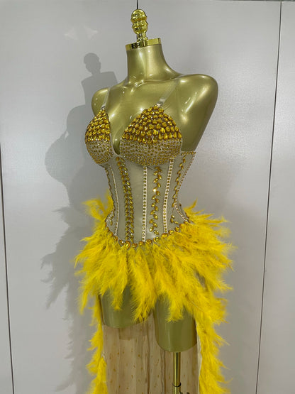 Sparkly Rhinestones Feathers Long Tail Bodysuits Sexy Mesh Transparent Stage Dress Evening Party Celebrate Luxury Birthday Dress