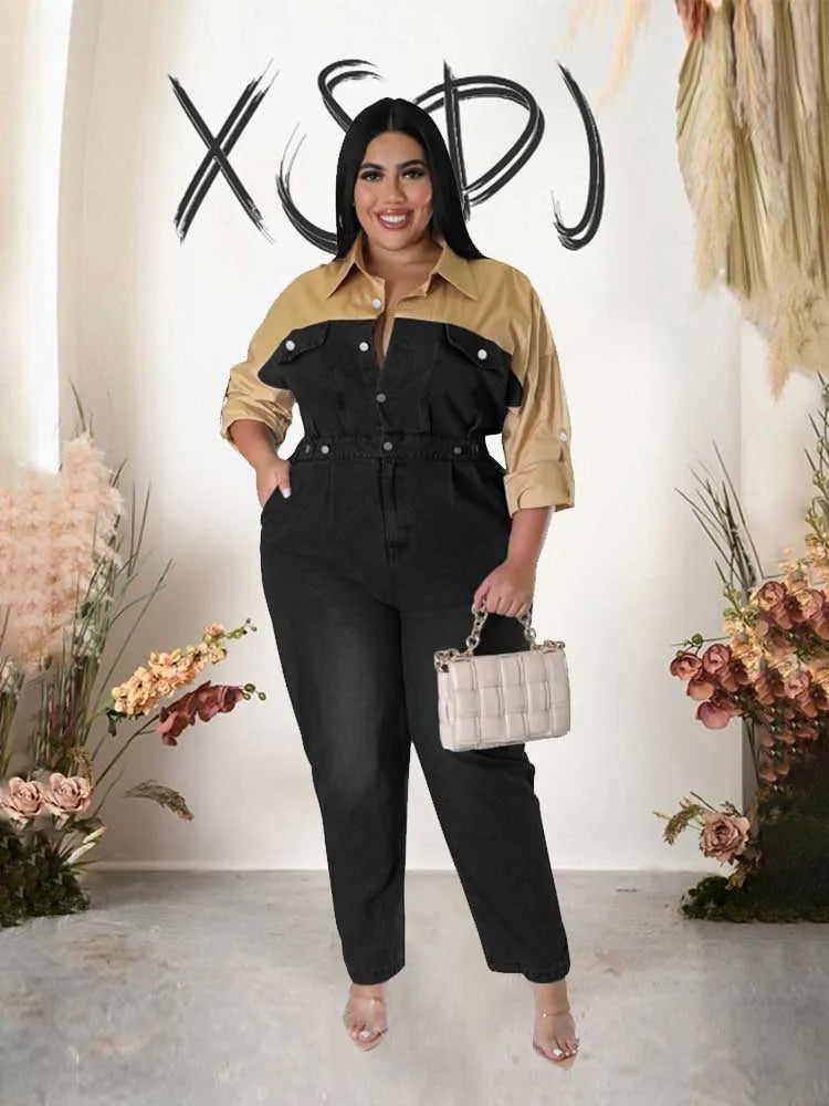 Winter Jeans Jumpsuit for Women Simple and Elegant Long Straight Jumpsuits Plus Size Clothing Female Denim Cotton Jumpsuit