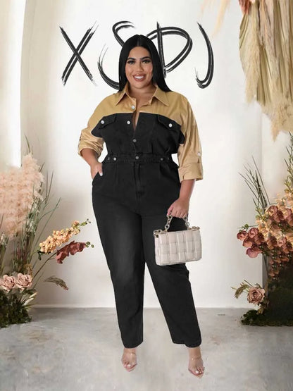 Winter Jeans Jumpsuit for Women Simple and Elegant Long Straight Jumpsuits Plus Size Clothing Female Denim Cotton Jumpsuit