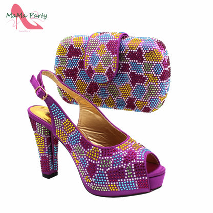 New Shoes and Matching Bag for Nigeria Party Slip on Shoes for Women Ladies Italian Shoes and Bag Set Decorated with Rhinestone