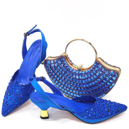 Venus Chan New Arrival Italian Design Nigerian Fashion Party Wedding Shoes and Bag Set Decorated With Flower in Blue Color