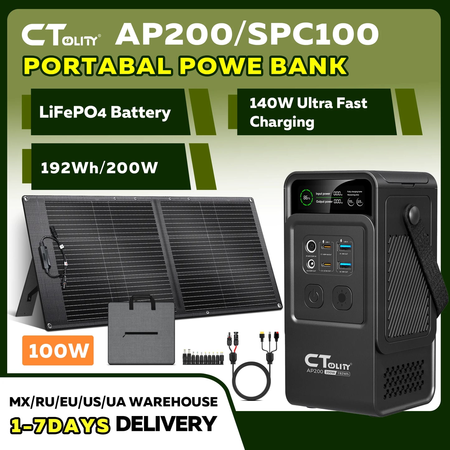 CTOLITY AP200 Portable Power Bank 192Wh 200W LiFePO4 Battery with SPC100 100W ETFE 20.5V Flexible Solar Panel Camping Travel RV