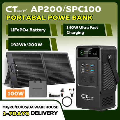 CTOLITY AP200 Portable Power Bank 192Wh 200W LiFePO4 Battery with SPC100 100W ETFE 20.5V Flexible Solar Panel Camping Travel RV