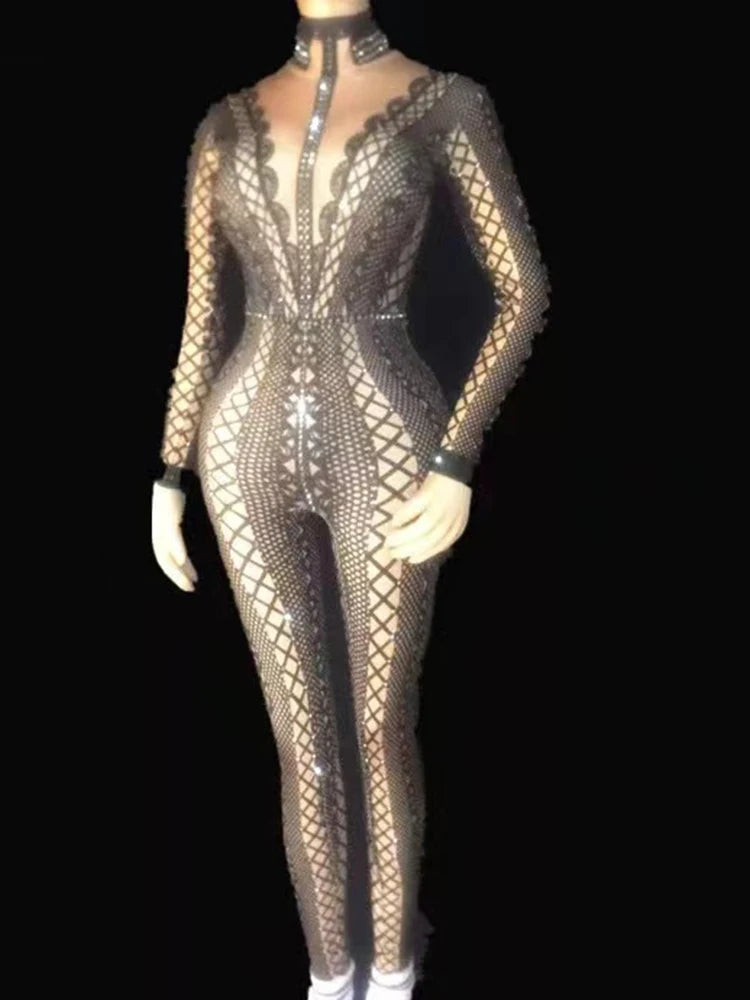 custom white black Spandex Print Stretch Jumpsuit Stage Singer Dancer Performance Rompers birthday pole dance outfits for women