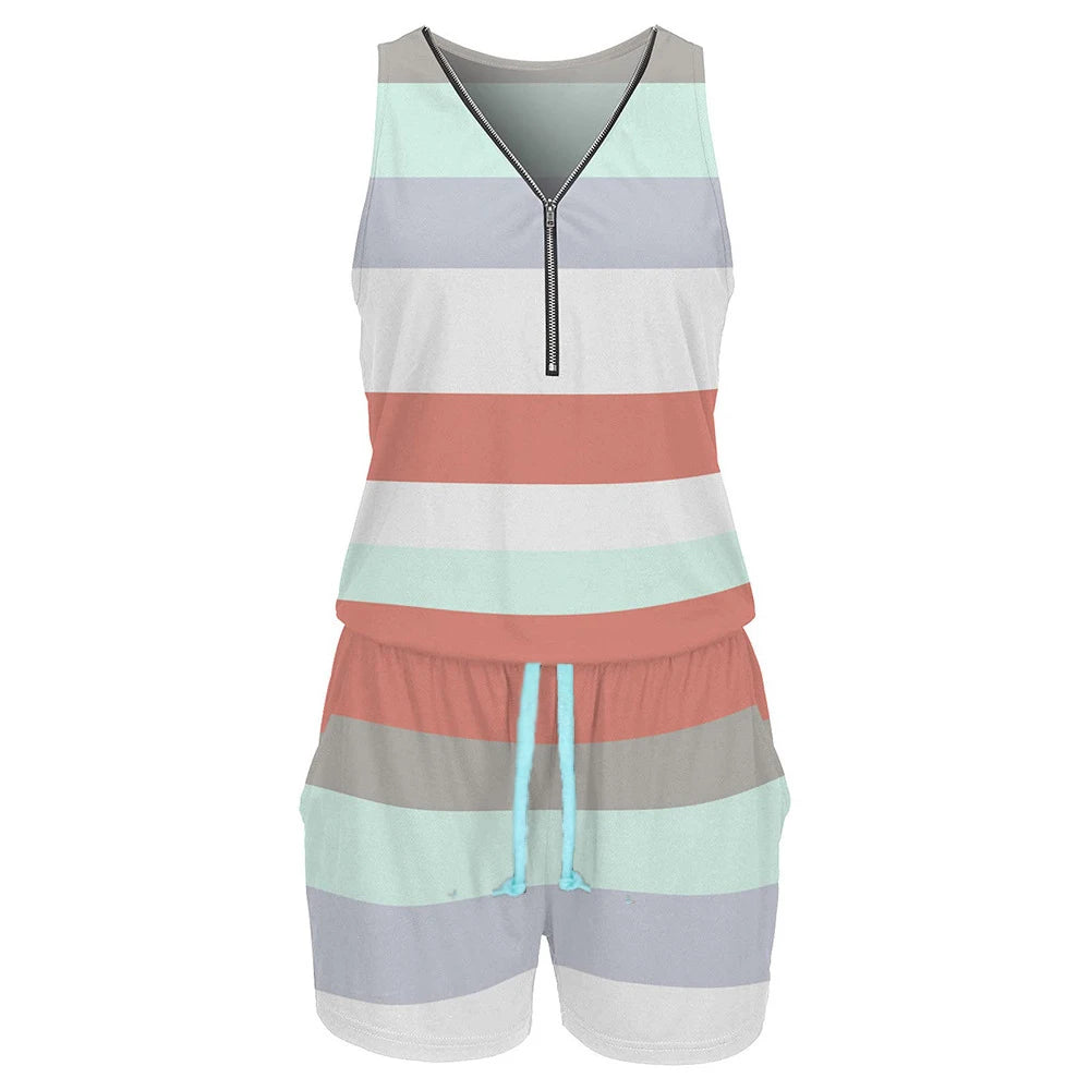 2023 summer new hot sales stripe color block print one piece shorts sleeveless zipper v neck one piece
