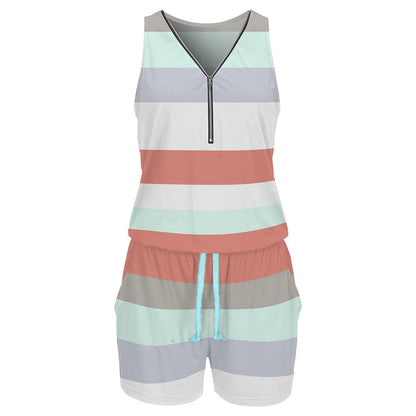 2023 summer new hot sales stripe color block print one piece shorts sleeveless zipper v neck one piece