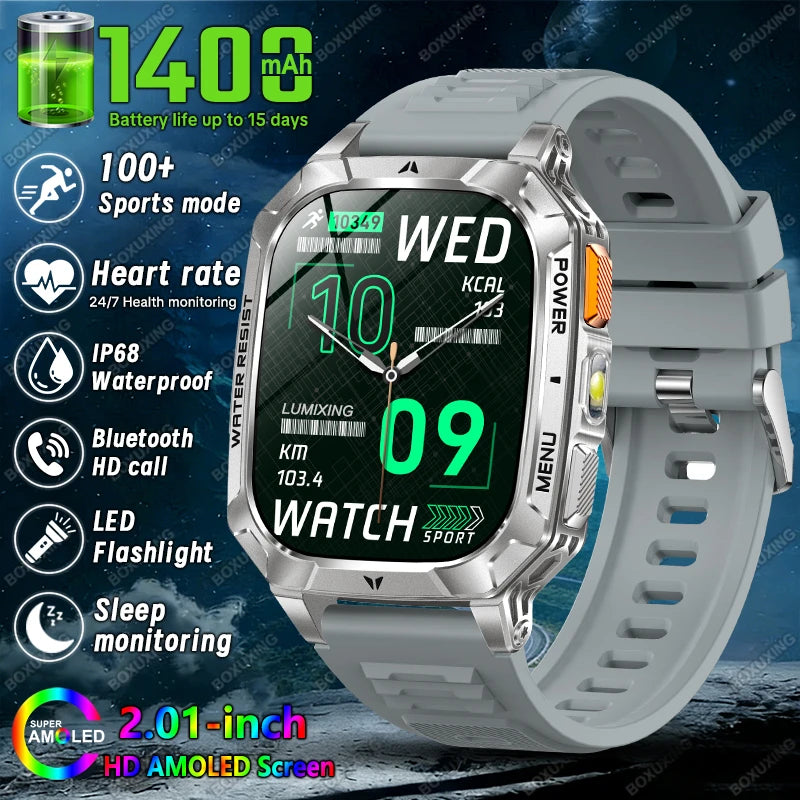 New 1400 mAh Battery Military Smartwatch Men IP68 Waterproof Flashlight Health Monitor Sports Call Smart Watch For iOS Android