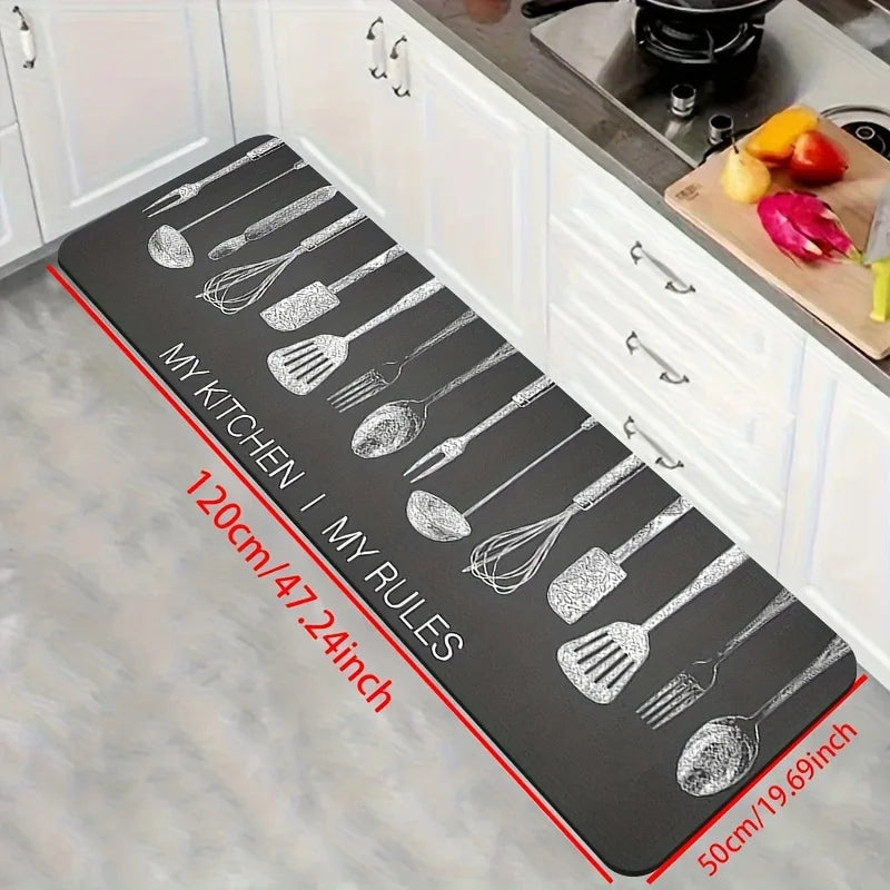 "My Kitchen My Rules" Kitchen Utensil Print Mat, Non-Slip Soft Absorbent Long Floor Rug for Cooking Lovers Home Decor