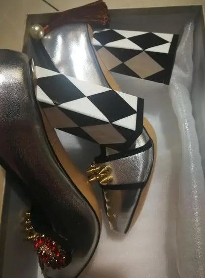 royal red heart crystal rivets Studs Pumps back pearl with tassel rhombus Square Heel Women Slip On mary jane Shoes