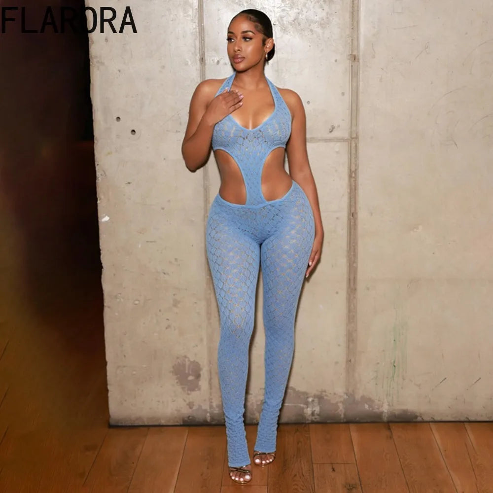 FLARORA Sexy Hollow See Through Jumpsuits Woman Trend Halter V Neck Sleeveless Backless Bandage Jumpsuit Hottie Street Overalls