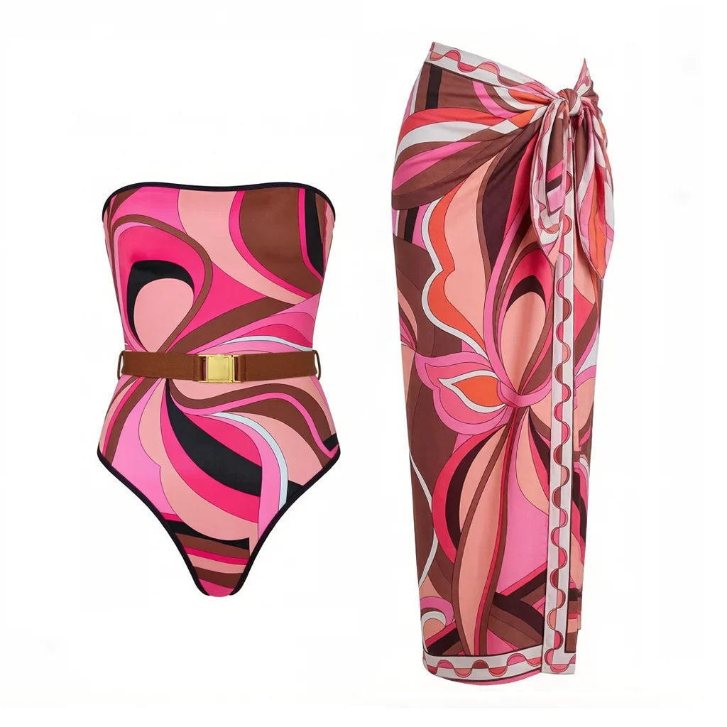 2026 New Long Sleeve Vintage Print One Piece Swimwear Zipper Women Bathing Suit And Wrap Skirt Surfing Swim Suit Beachwear