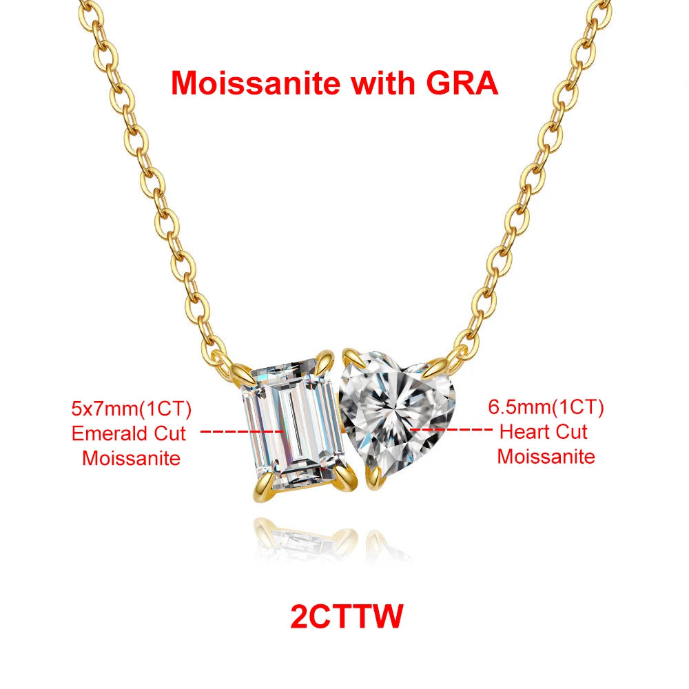 2CTTW Pear and Emerald Cut Moissanite Pendant Necklace Toi Et Moi 2 Stone Lab Diamond Necklace for Women S925 Silver 18K Jewelry