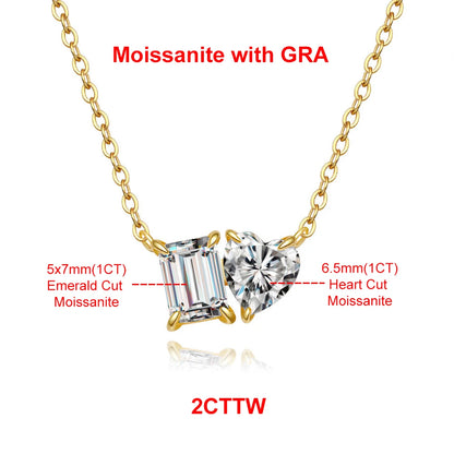 2CTTW Pear and Emerald Cut Moissanite Pendant Necklace Toi Et Moi 2 Stone Lab Diamond Necklace for Women S925 Silver 18K Jewelry