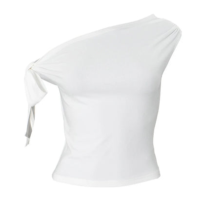2025 Women'S Summer Ins Style New Shrink Pleated One-Shoulder Crop Top Backless Twist Tie Asymmetric T-Shirt Casual Top