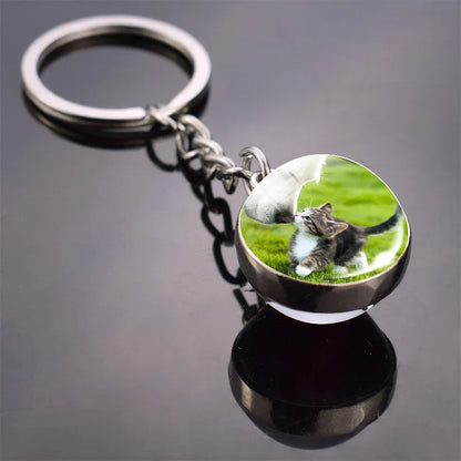 Animals Cute Keychain Cat Dog Bear Peacock Rabbit Squirrel Phoenix Double Side Glass Ball Pendant Keyring Jewelry Key Chain Gift