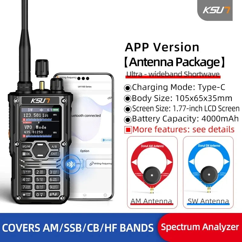 KSUT Ham Radio Walkie Talkie Handheld HF SSB CB Two Way Radios Screen with Short Wave Antenna for Hiking Camping HF123D