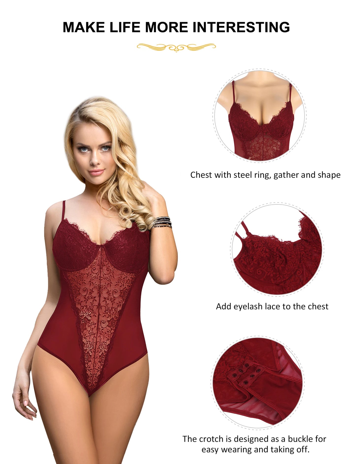 Comeondear Plus Size Crotch Open Bodysuits Red High Quality Lace Splicing Teddy With Underwire Sexy Jumpsuits Overalls for Women