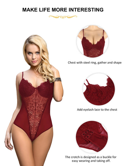 Comeondear Plus Size Crotch Open Bodysuits Red High Quality Lace Splicing Teddy With Underwire Sexy Jumpsuits Overalls for Women