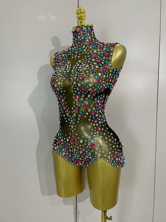 Women Sparkly Colorful Diamonds Mesh Sheer Stretch Bodysuits 2025 Luxury Birthday Party Nightclub Dj Stage Performance Costume
