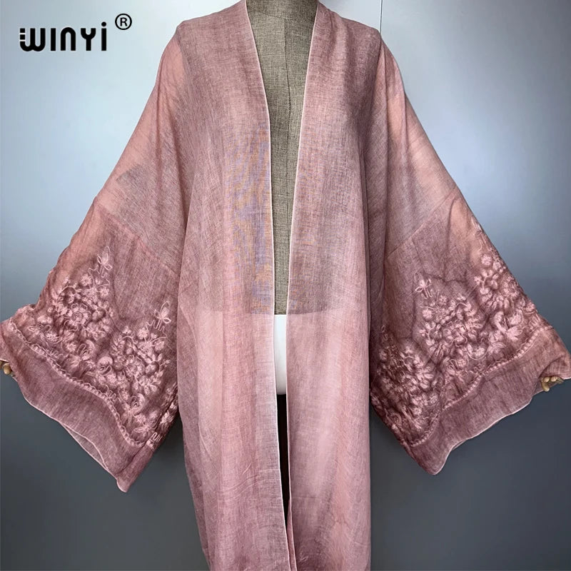 WINYI Kimono Hand-Dyed Embroidered Cardigan Beachwear Evening Dress Abaya Dubai Luxury Cover-Ups Beach Outfits Women Maxi Coat