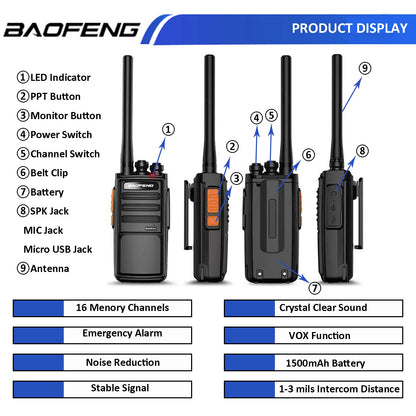 2Pcs Baofeng BF-888S Plus Walkie Talkie UHF PMR446 MHz 16CH Long Range Transceiver with USB Charger for Outdoor Communication