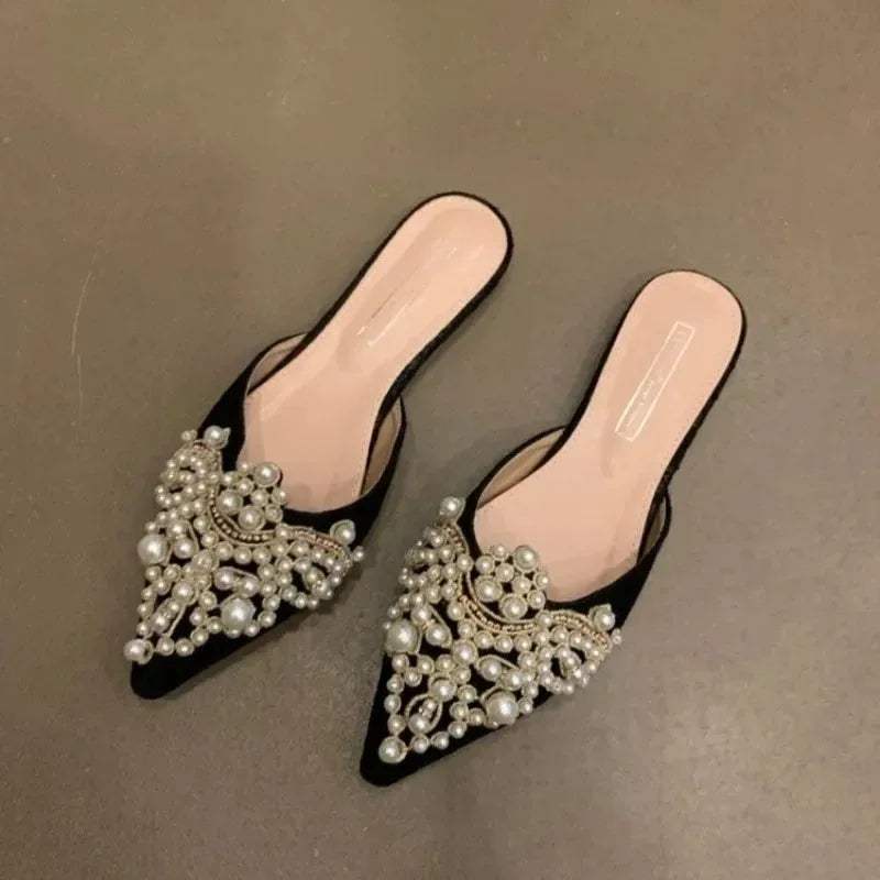 New Women's Shoes Exquisite Imitation Pearl Mueller Slippers for Woman Elegant French Casual Shoes Designer Shoes Zapatos Mujer