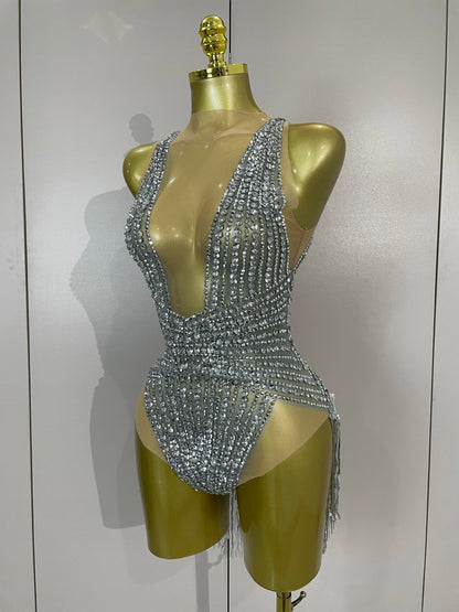 Luxury Sparkly Silver Diamonds Tassel Mesh Sheer Bodysuits Eveing Birthday Party Latin Dancer Bar Nightclub Sexy Stage Costume