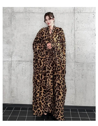 Leopard Print Loose Bat-sleeve Dress Women Summer Stand-up Collar Tie-waist Oversize Slimming Casual Long Dress XY420